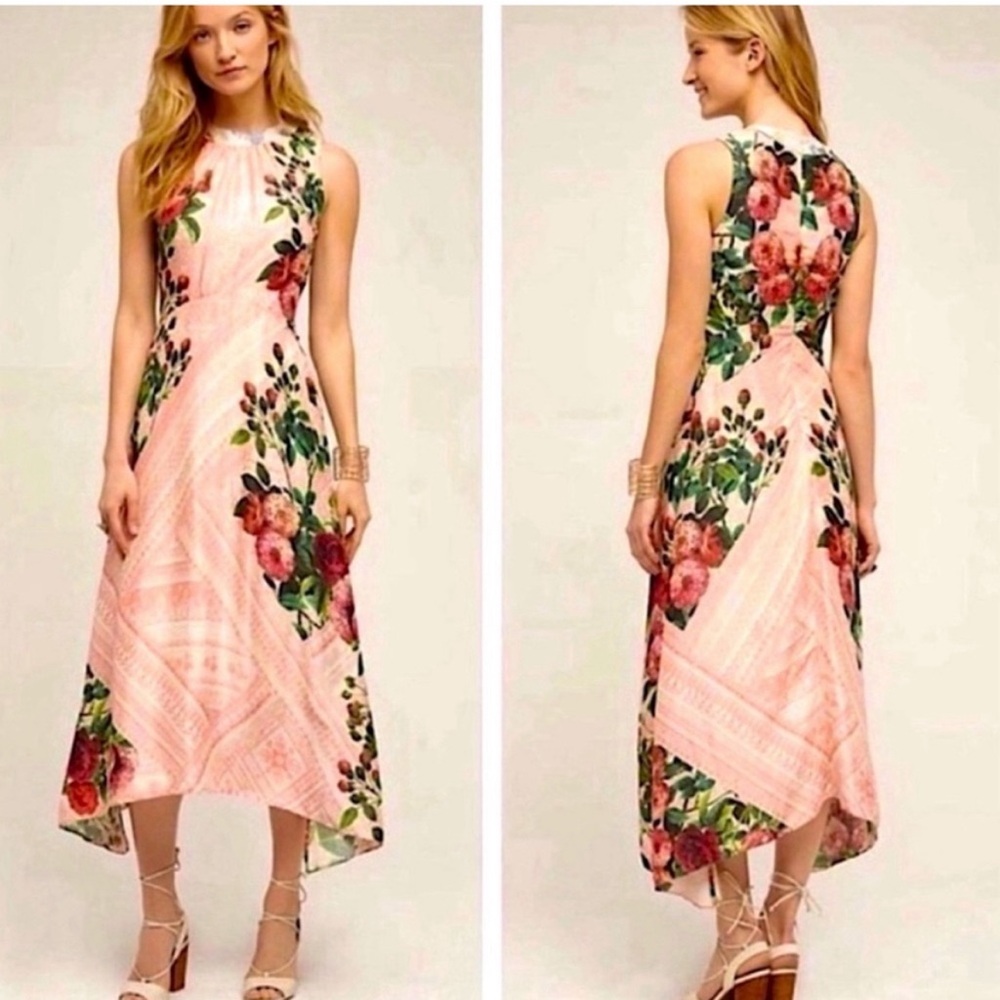 Anthropologie Pink Floral Midi Dress